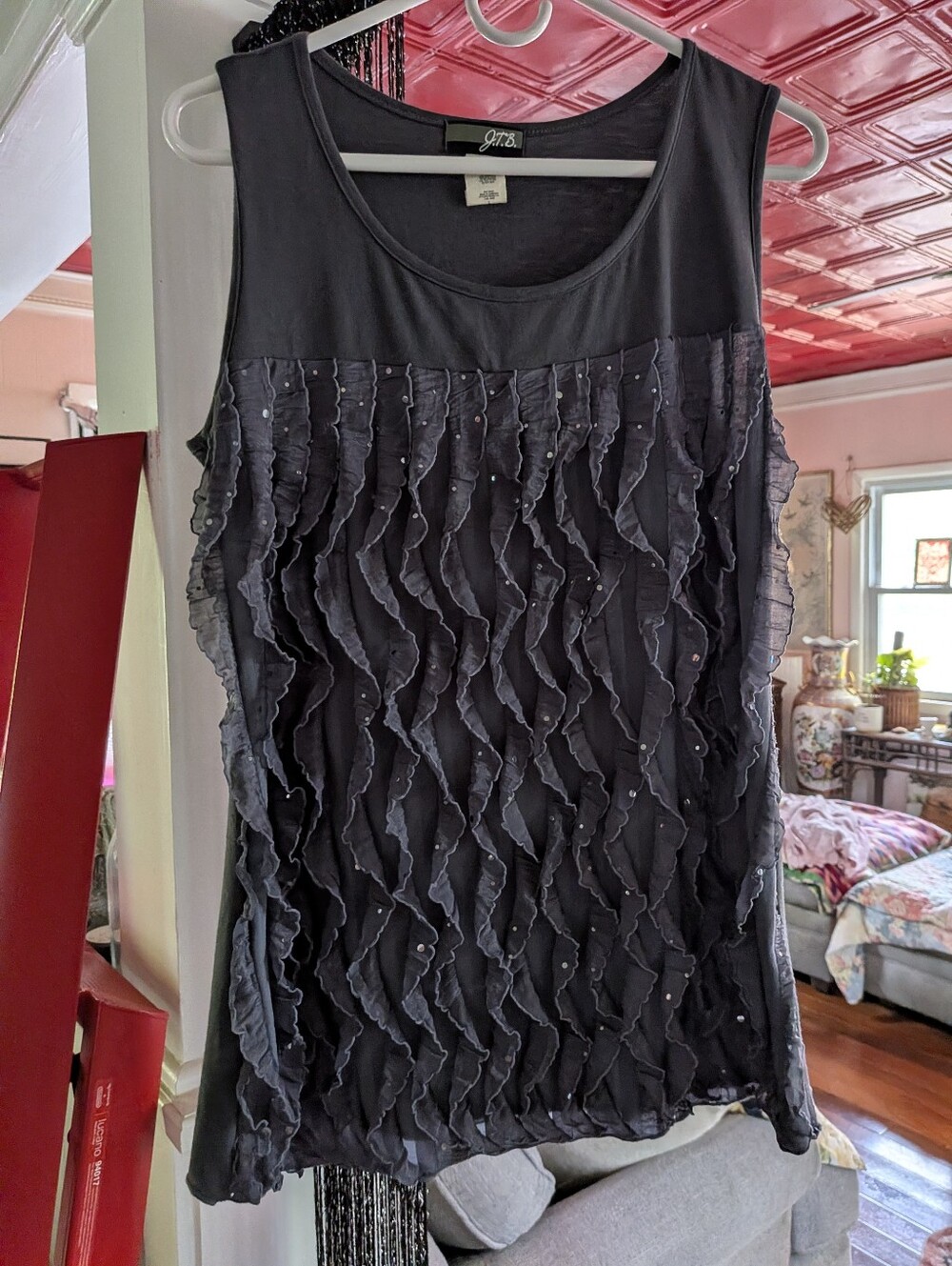 Black Ruffle Beaded Sleeveless Top